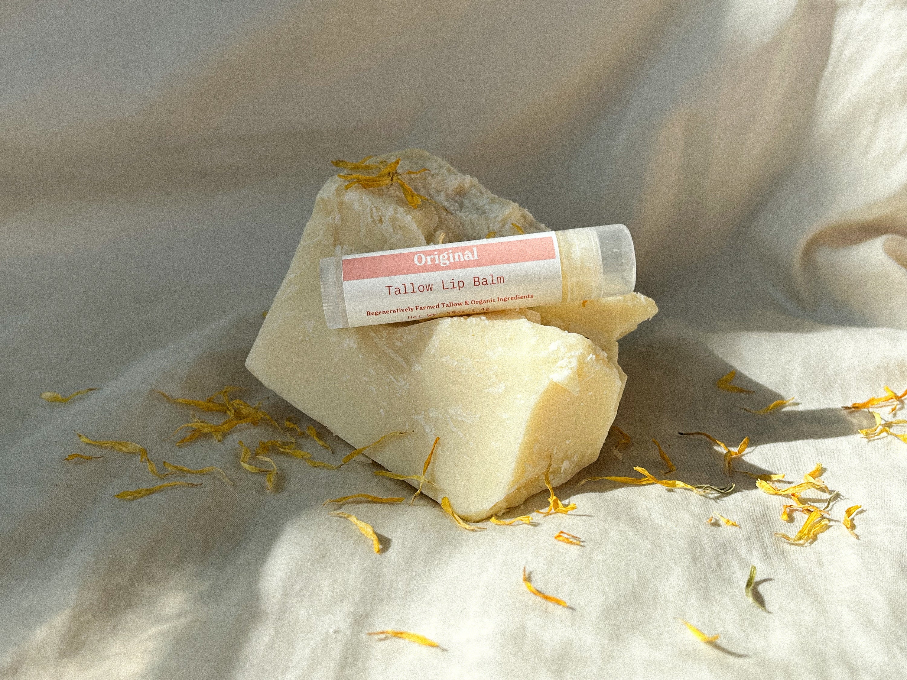 regeneratively raised refreshing and clean scented tallow lip balm handcrafted for all ages and sensitive skin, all natural no synthetics, herbal infused, rosemary and calendula