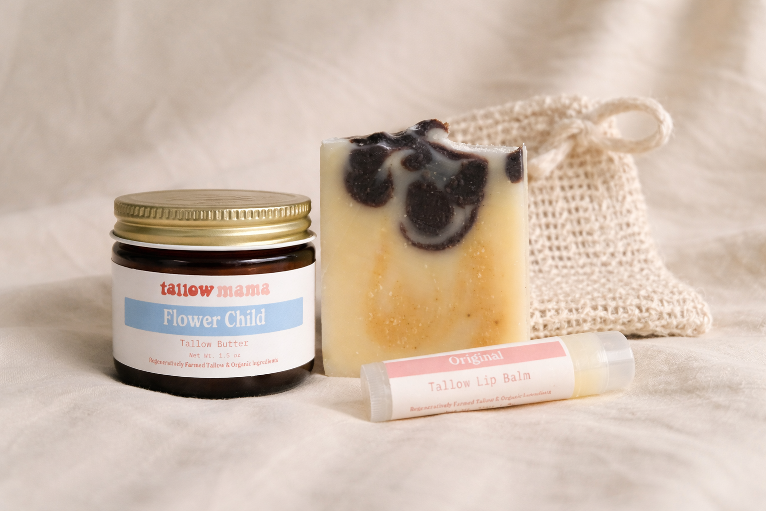 Tallow Essentials Kit – Lip Balm, Soap Bag, Butter & Soap of Your Choice