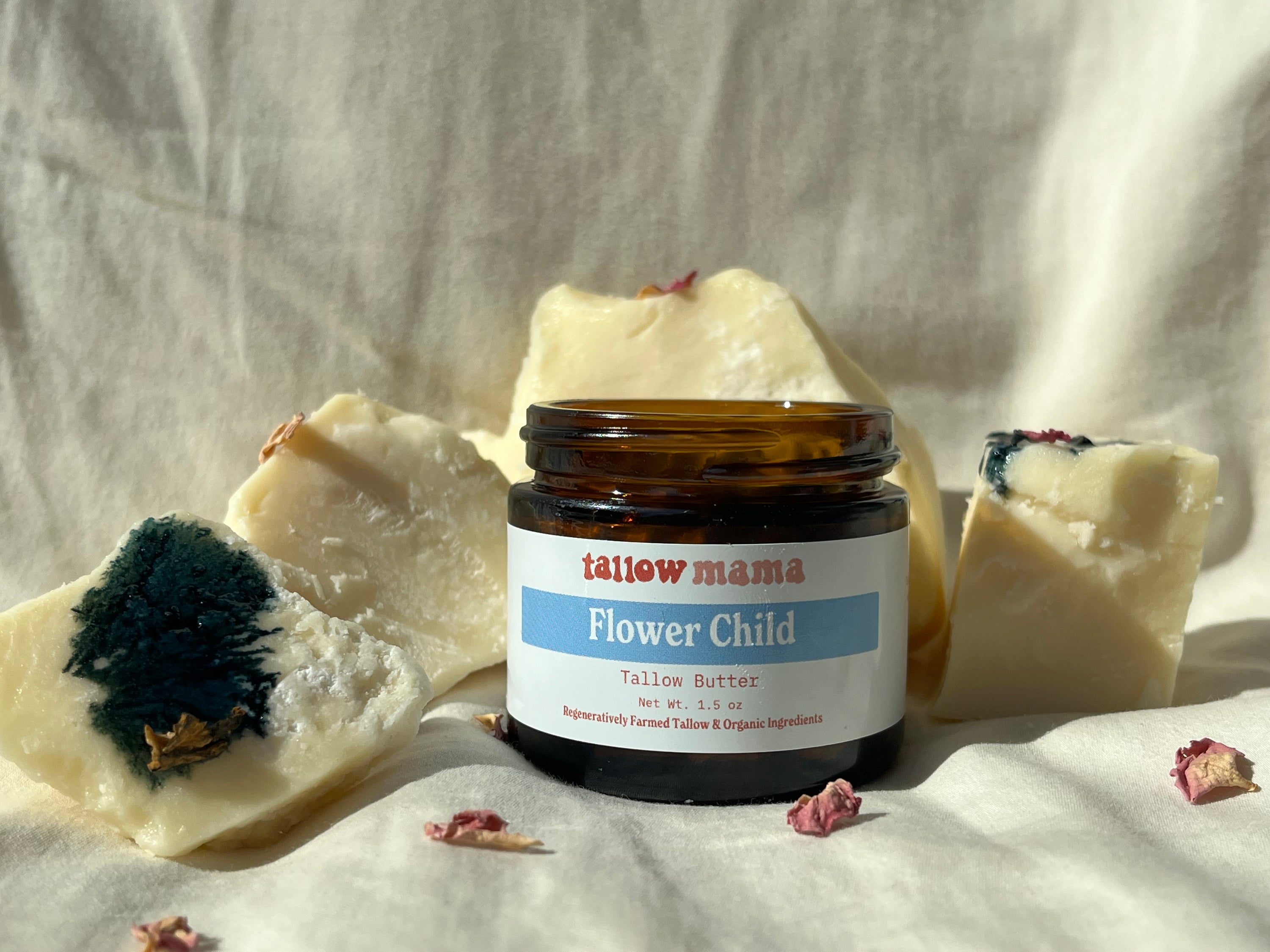 regeneratively raised floral scented tallow balm in amber jar for acne prone, aging, and all skin types 