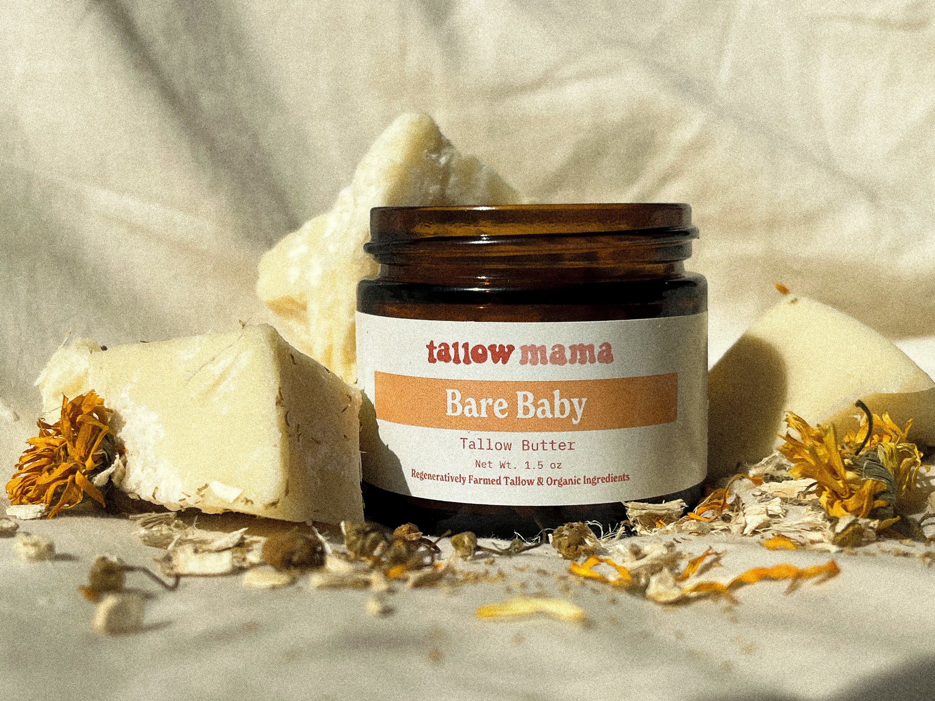 regeneratively raised Unscented and herbal infused  tallow balm in amber jar for dry skin, eczema, diaper rash, and psoriasis  relief