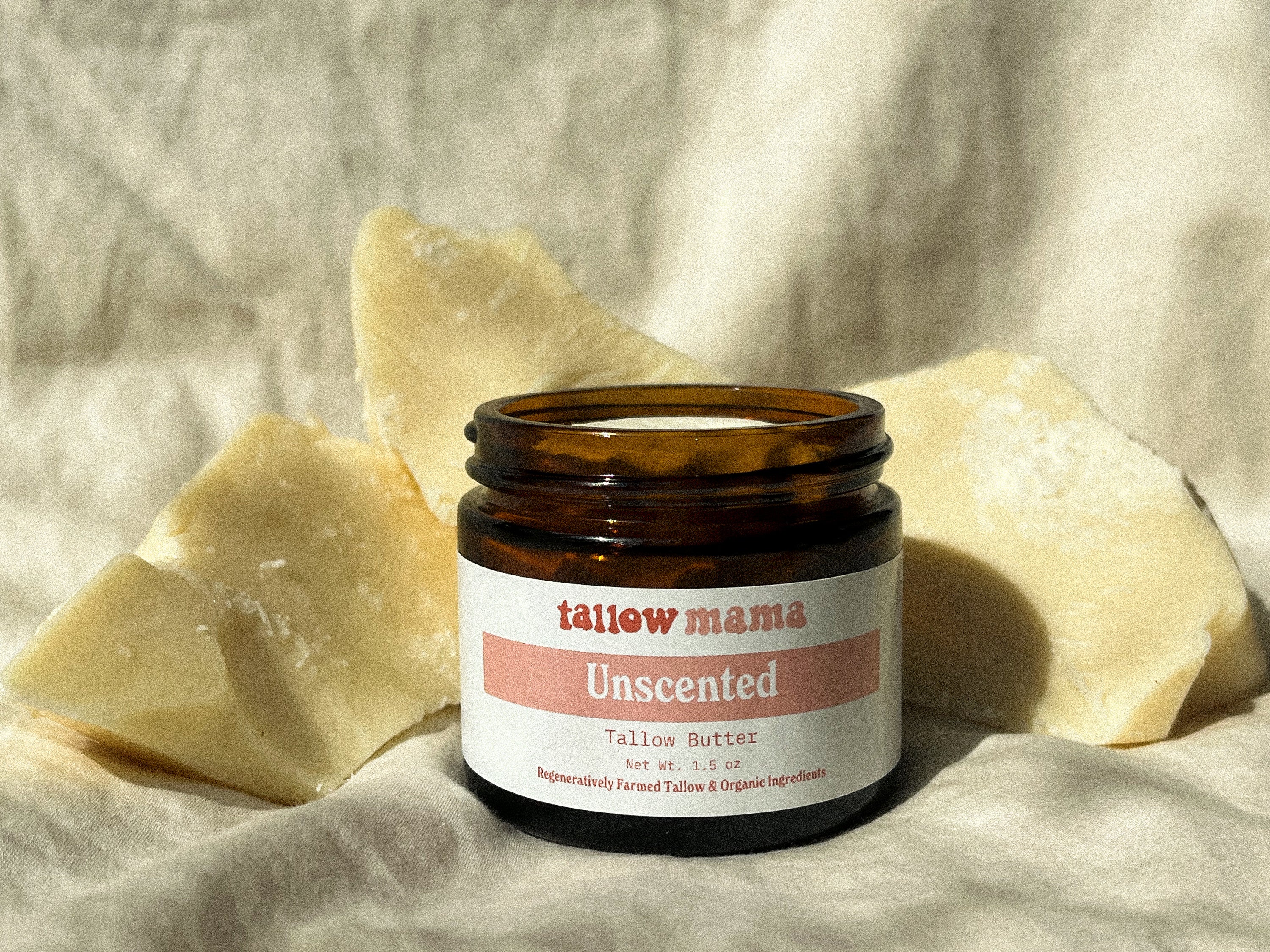 regeneratively raised unscented tallow balm in amber jar for acne prone, aging, and all skin types mama and baby